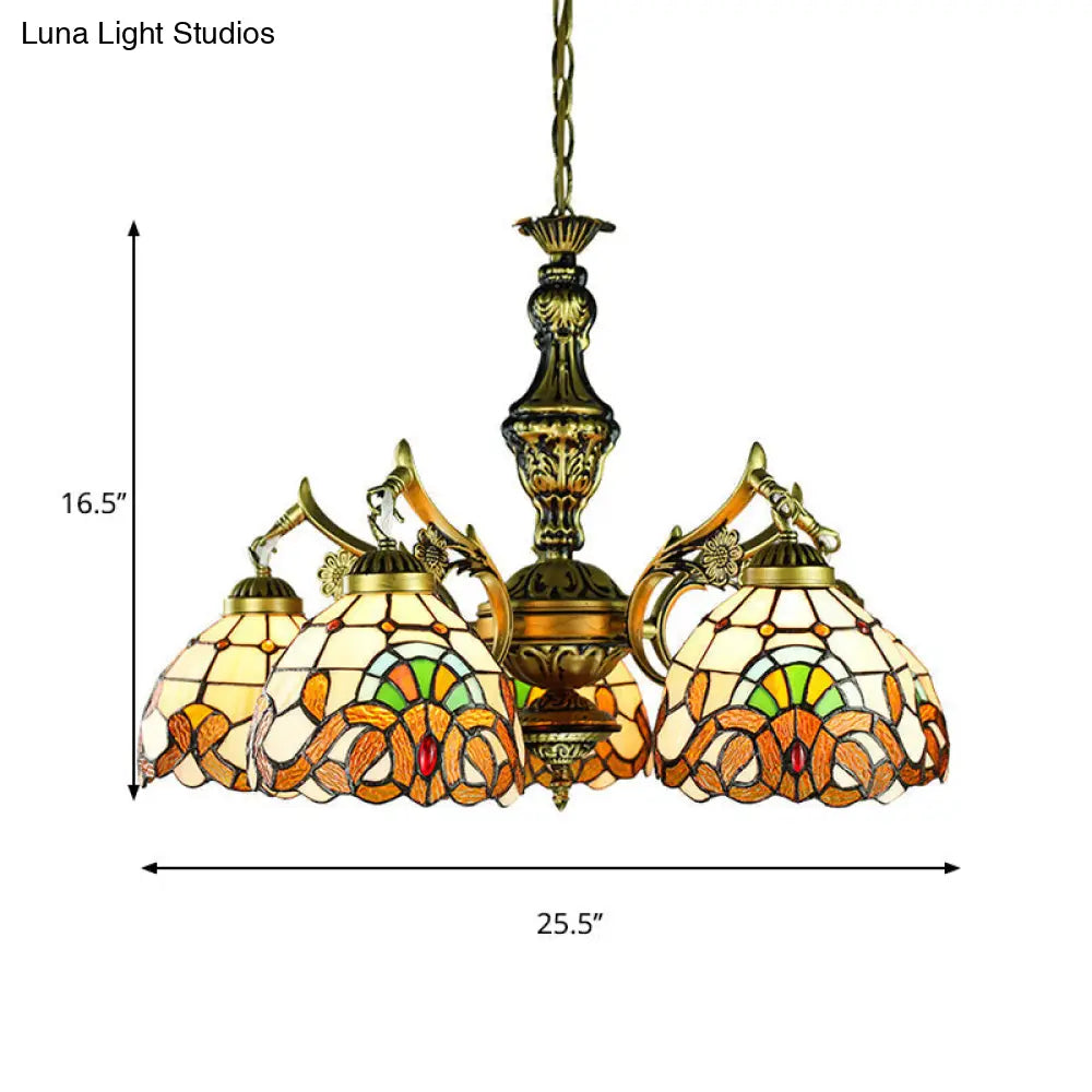 Stained Glass Victorian Dome Chandelier - 5-Light Indoor Lighting For Dining Table