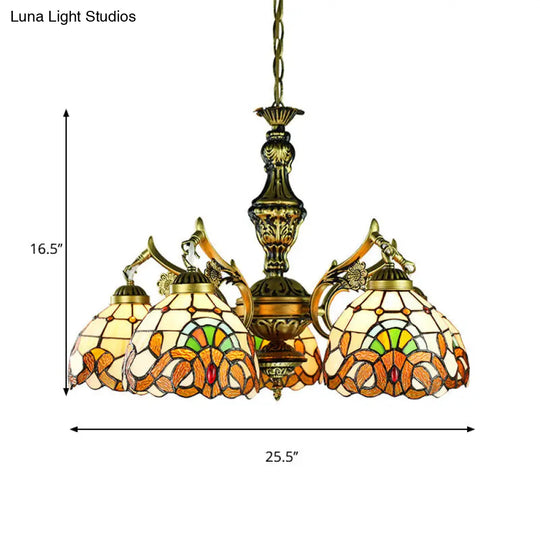 Stained Glass Victorian Dome Chandelier - 5-Light Indoor Lighting For Dining Table