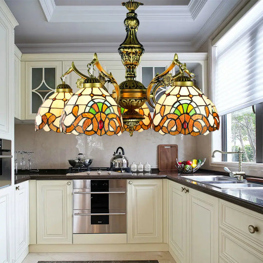 Victorian Stained Glass Dome Chandelier - 5-Light Indoor Lighting For Dining Table Yellow