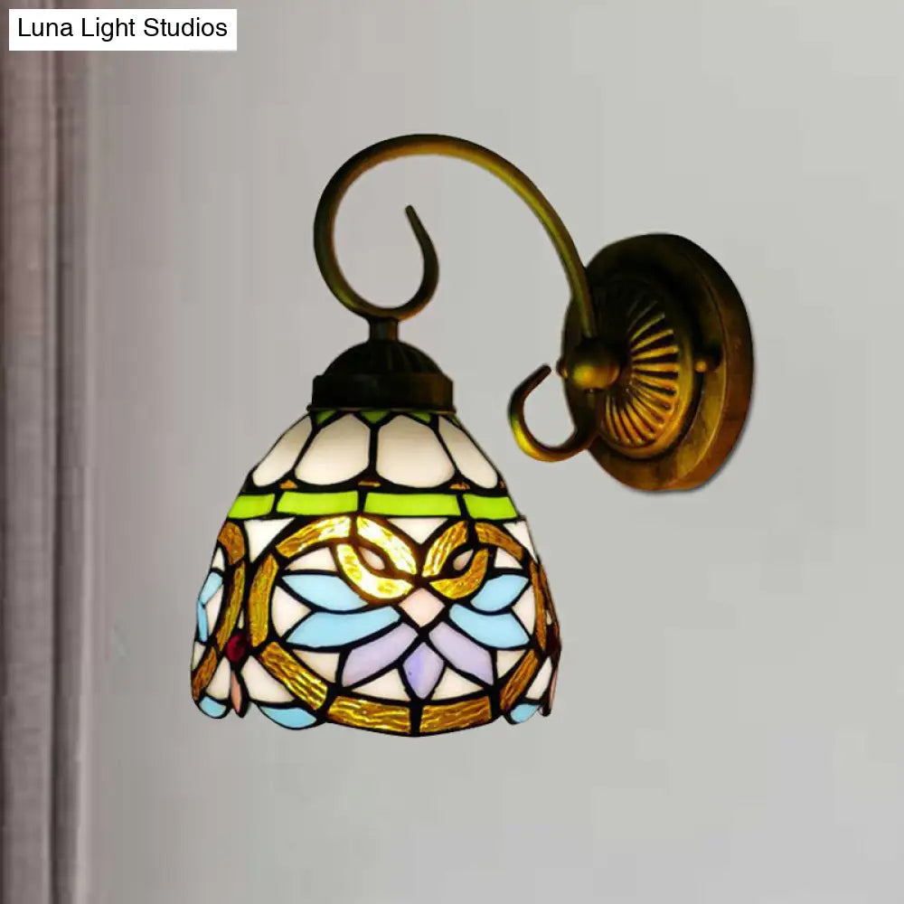 Victorian Stained Glass Dome Wall Light Fixture - Antique Brass Sconce For Bedroom Lighting