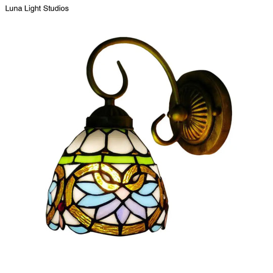 Victorian Stained Glass Dome Wall Light Fixture - Antique Brass Sconce For Bedroom Lighting