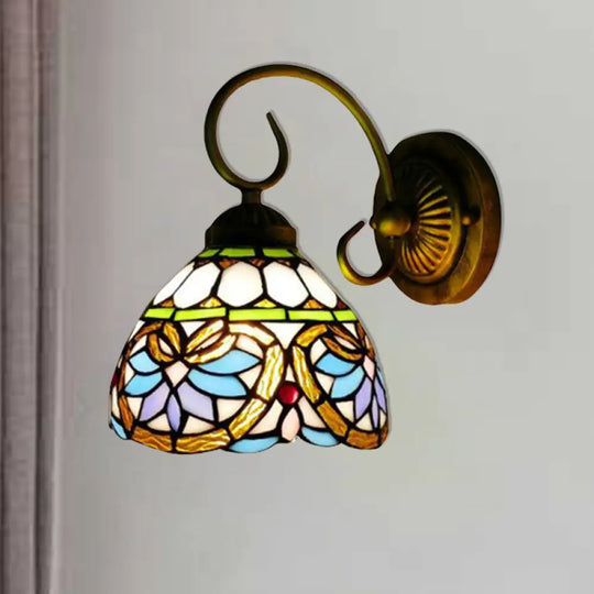 Victorian Stained Glass Dome Wall Light Fixture - Antique Brass Sconce For Bedroom Lighting / 8