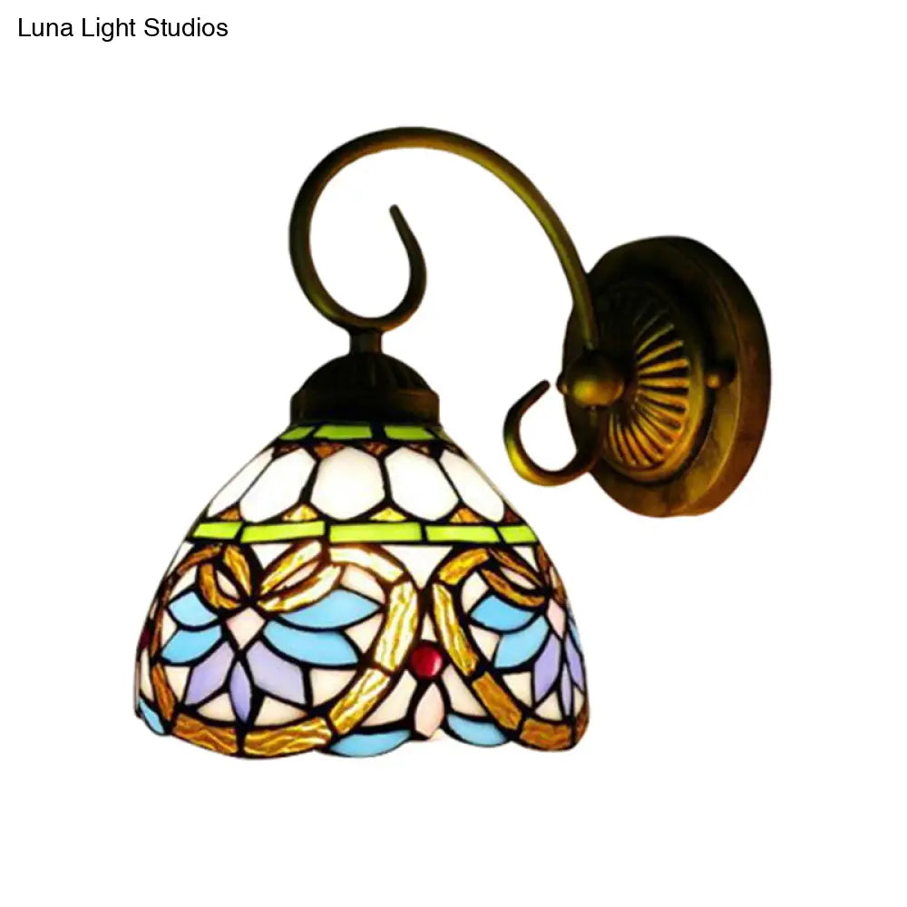 Victorian Stained Glass Dome Wall Light Fixture - Antique Brass Sconce For Bedroom Lighting