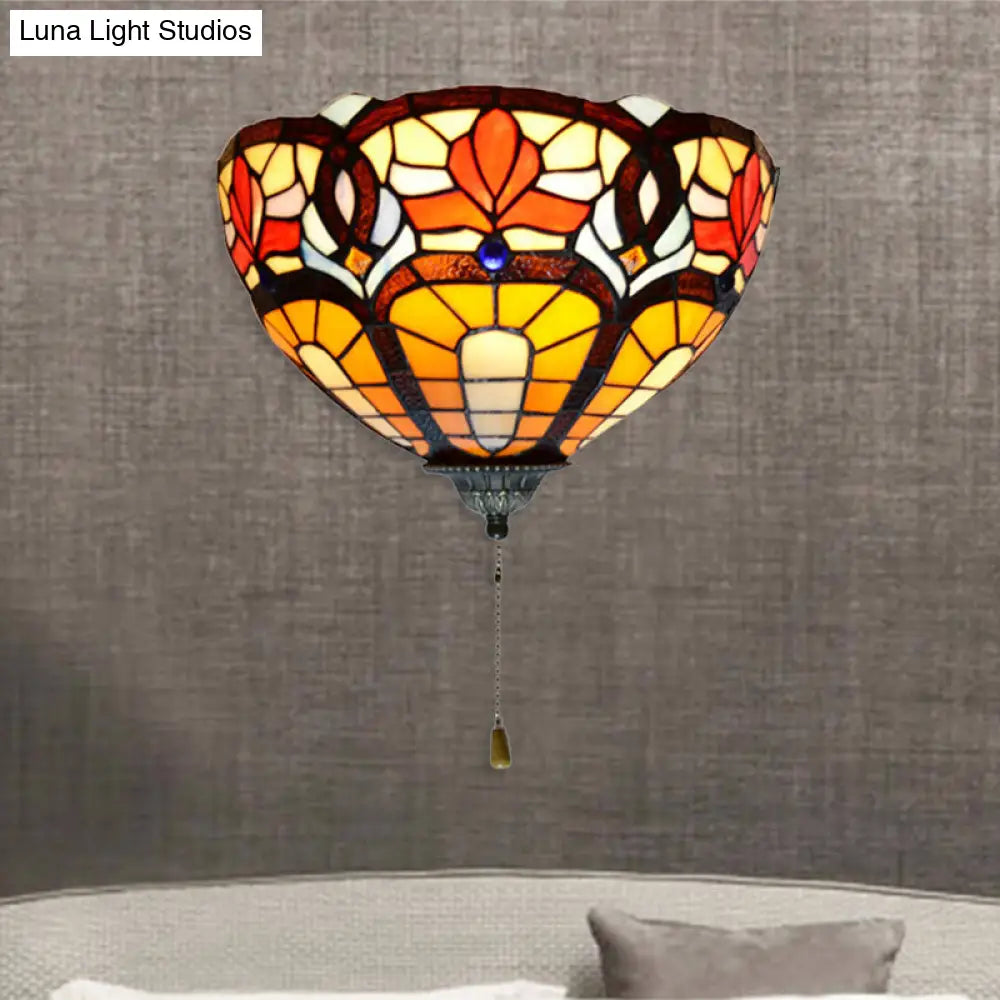 Victorian Stained Glass Floral Wall Lamp With Pull Chain - 1 Light Sconce