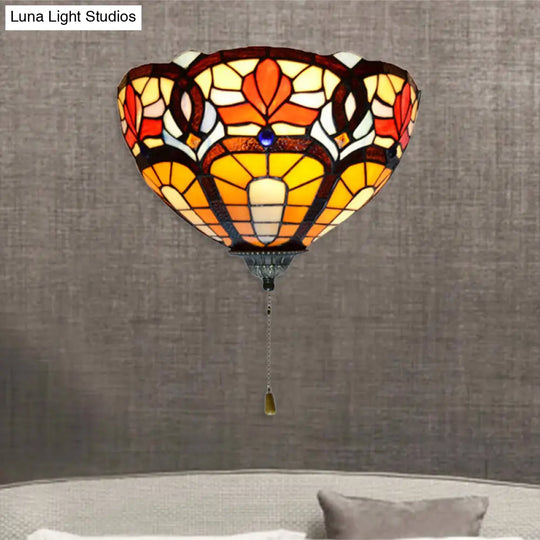 Victorian Stained Glass Floral Wall Lamp With Pull Chain - 1 Light Sconce