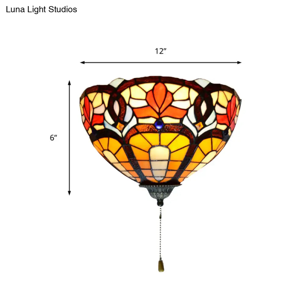 Victorian Stained Glass Floral Wall Lamp With Pull Chain - 1 Light Sconce