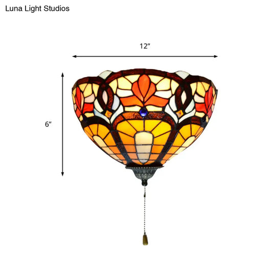 Victorian Stained Glass Floral Wall Lamp With Pull Chain - 1 Light Sconce