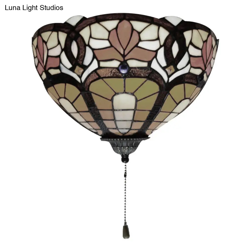 Victorian Stained Glass Floral Wall Lamp With Pull Chain - 1 Light Sconce