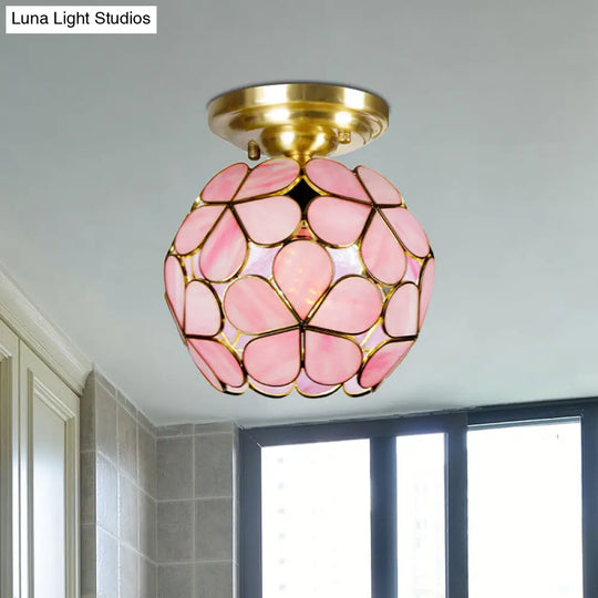 Victorian Style Single Light Flower Ceiling Fixture - White/Pink/Orange Stained Glass Semi Mount