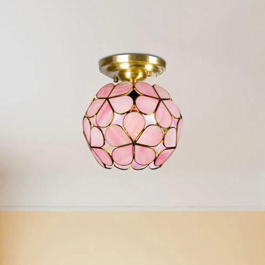 Victorian Stained Glass Flower Ceiling Light In White/Pink/Orange Semi - Mount Pink