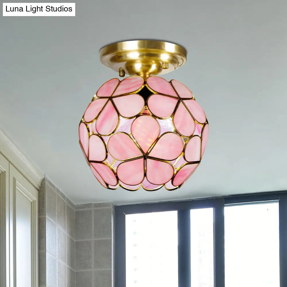 Victorian Stained Glass Flower Ceiling Light In White/Pink/Orange Semi - Mount