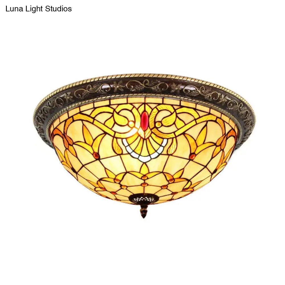 Victorian Stained Glass Half Globe Ceiling Light For Bedroom - Beige 16/19.5 4 Lights Flush Mount