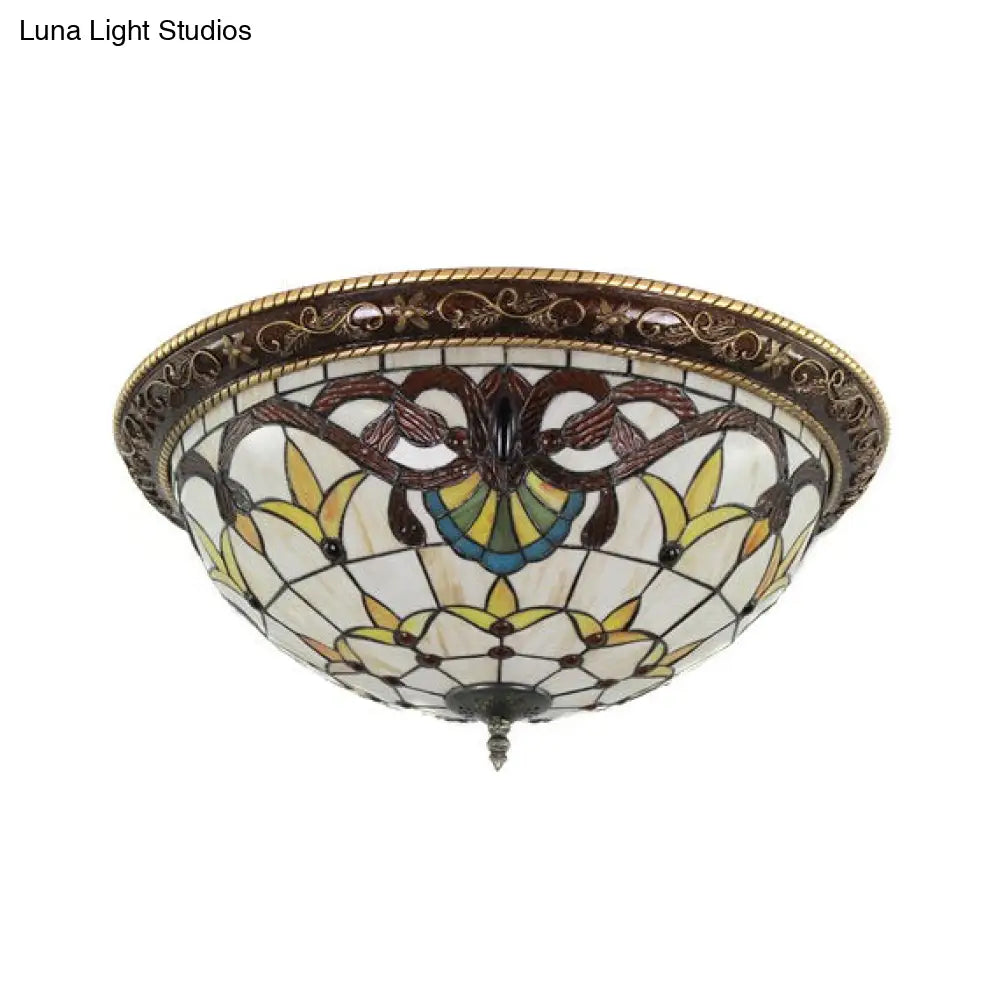 Victorian Stained Glass Half Globe Ceiling Light For Bedroom - Beige 16/19.5 4 Lights Flush Mount