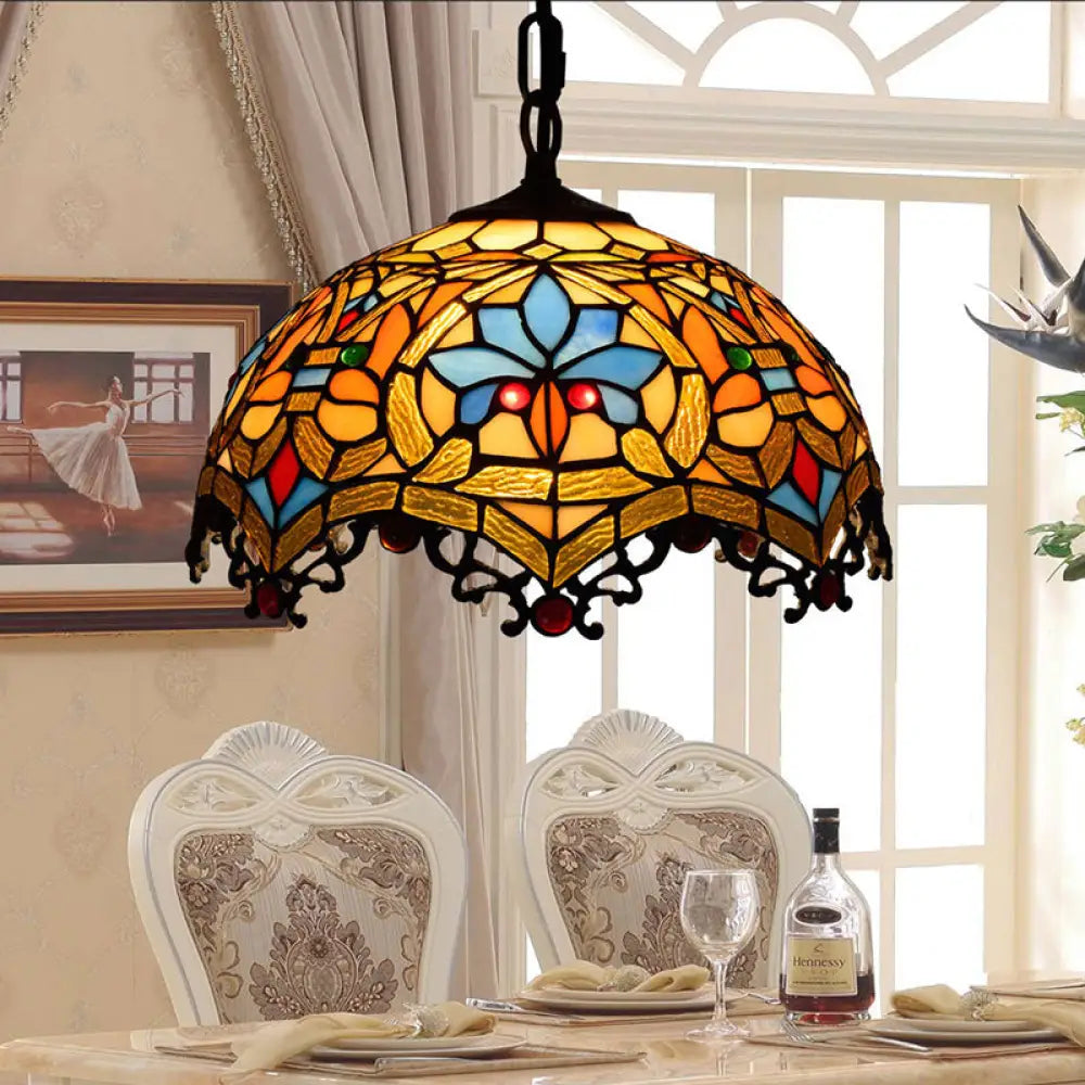 Victorian Stained Glass Hanging Light Pendant Lamp With Black Chain For Staircase Yellow