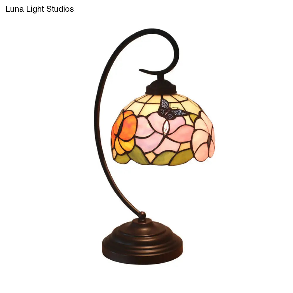 Victorian Stained Glass Nightstand Light - Pink/Purple Flower Pattern With Swirl Arm