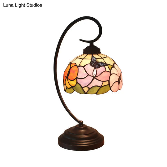 Victorian Stained Glass Nightstand Light - Pink/Purple Flower Pattern With Swirl Arm