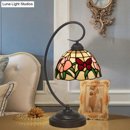 Victorian Stained Glass Nightstand Light - Pink/Purple Flower Pattern With Swirl Arm