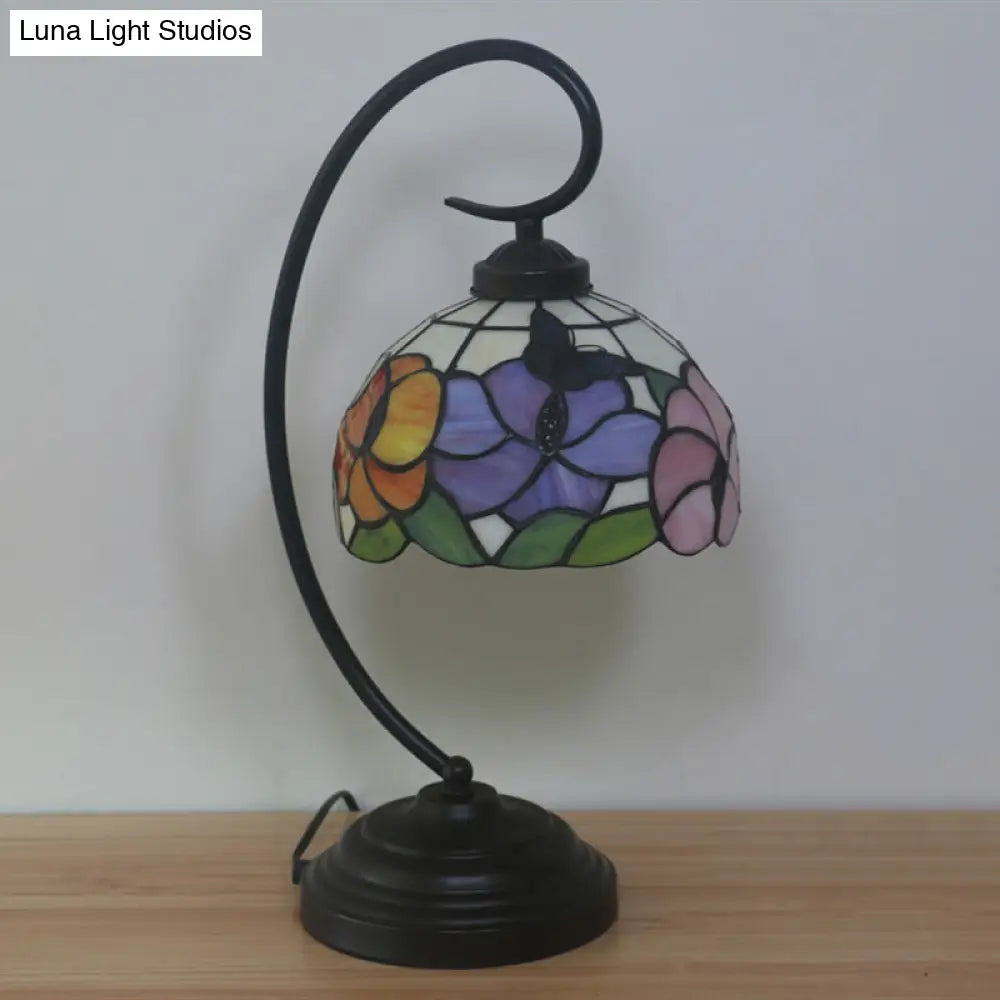 Victorian Stained Glass Nightstand Light - Pink/Purple Flower Pattern With Swirl Arm