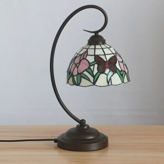 Victorian Stained Glass Nightstand Light - Pink/Purple Flower Pattern With Swirl Arm Pink