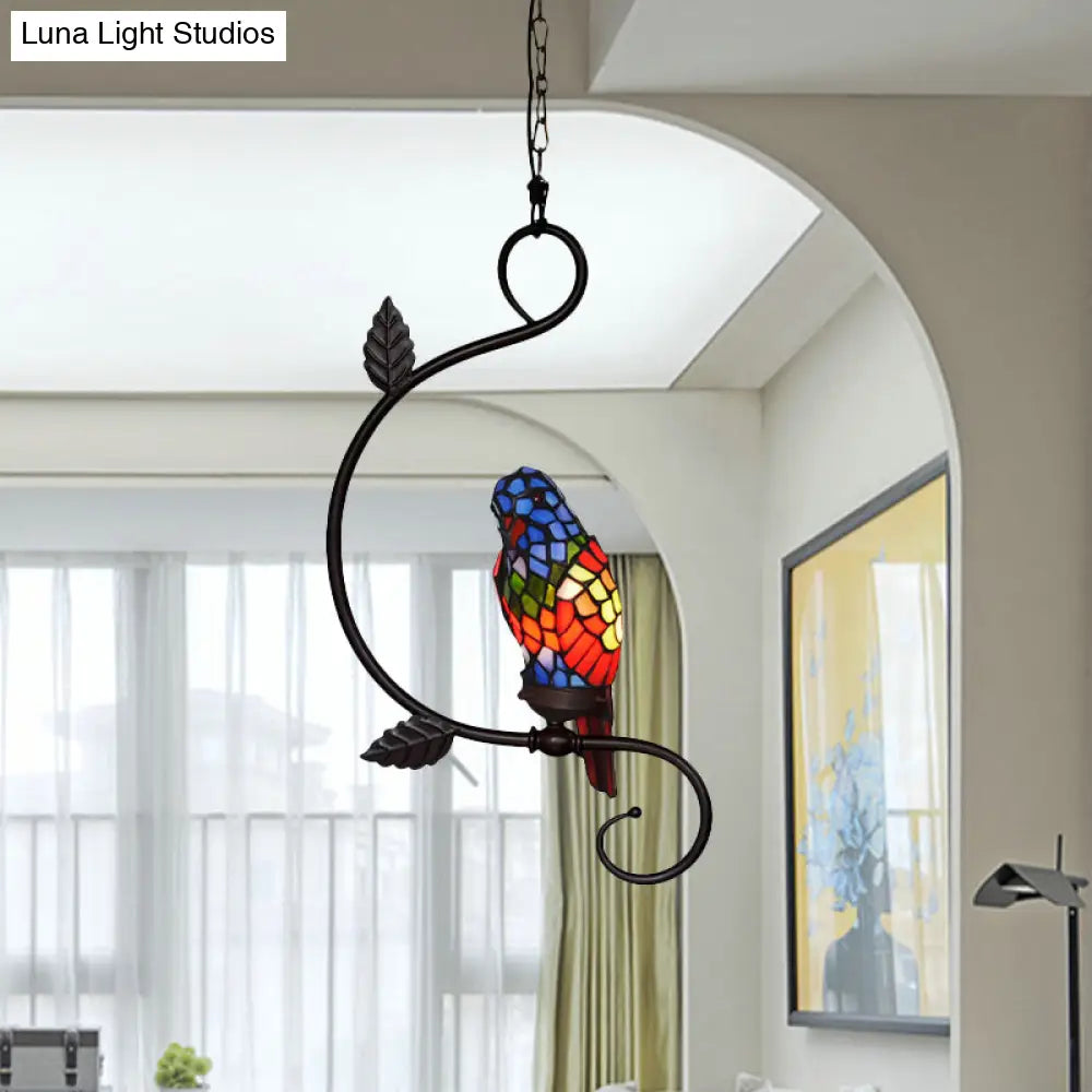 Victorian Stained Glass Parrot Pendant Light Kit - 1-Light Yellow/Blue Ceiling Suspension Lamp With