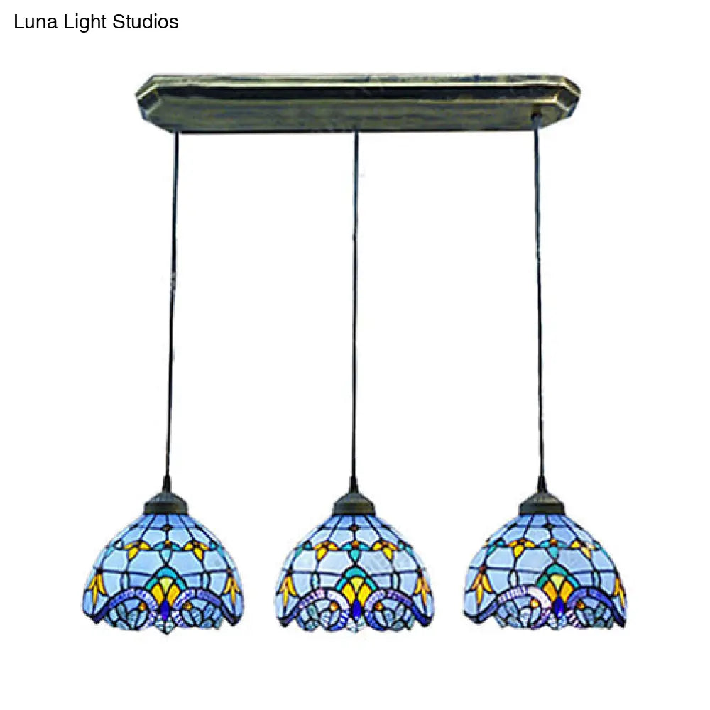 Victorian Stained Glass Pendant Light - White/Blue Linear/Round Design 3 Heads Ideal For Dining Room