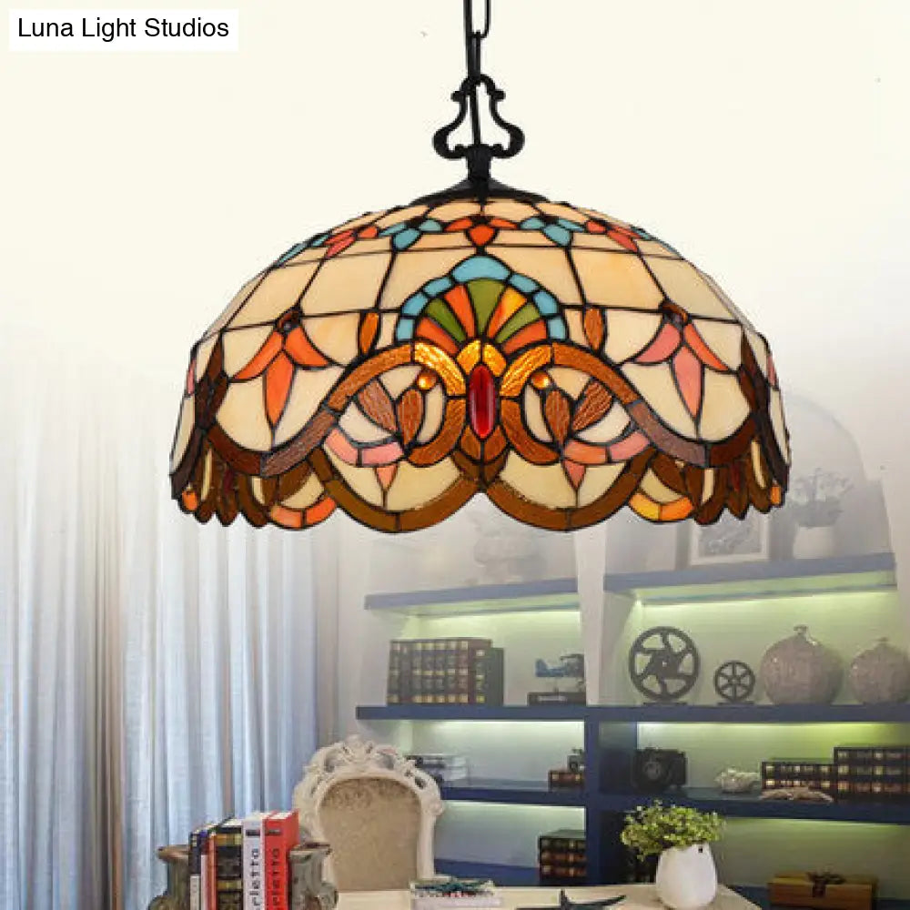 Victorian Stained Glass Pendant Light With Domed Design And Hanging Chain - Single Lighting