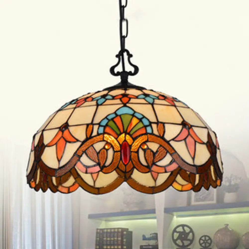 Victorian Stained Glass Pendant Light With Domed Design And Hanging Chain - Single Lighting Orange