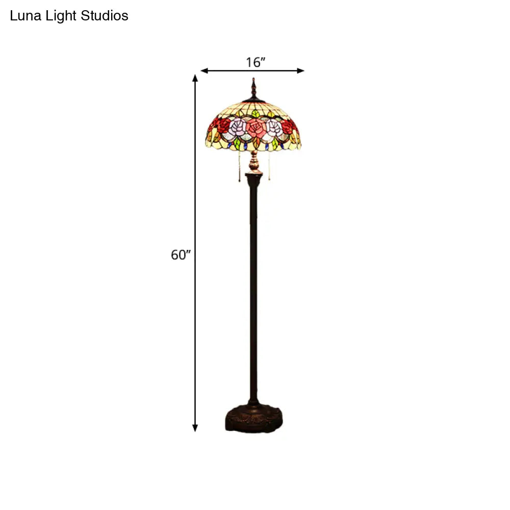 Victorian Stained Glass Rose Floor Lamp With 2 Green Reading Heads And Dome Shade