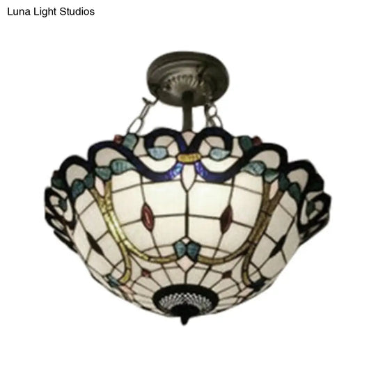 Victorian Bowl Stained Glass Semi Flush Mount Light For Living Room - Elegant Lighting Solution