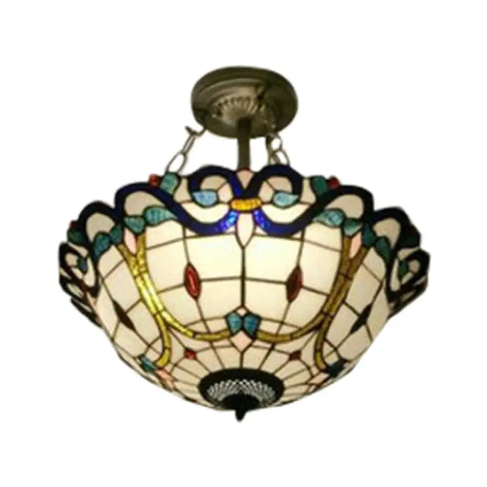 Victorian Stained Glass Semi Flush Mount Light For Living Room Beige