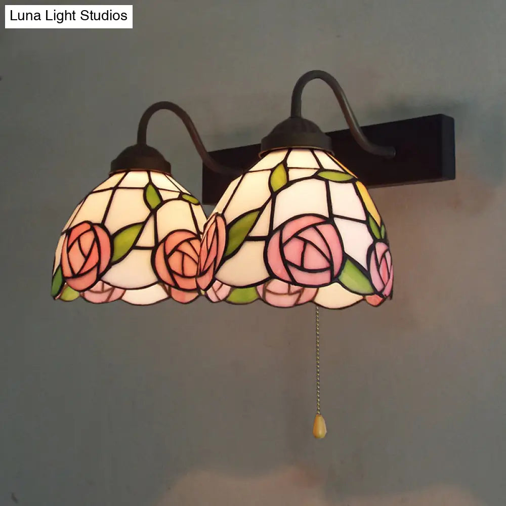 Victorian Stained Glass Wall Light Fixture With Pull Chain Switch - Pink Rose 2-Head Black Sconce