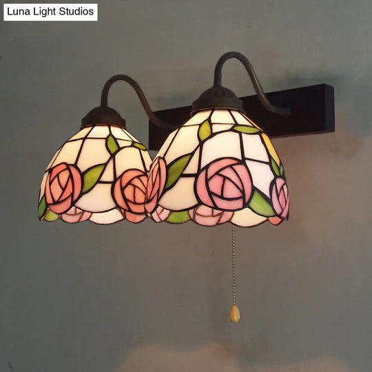 Victorian Stained Glass Wall Light Fixture With Pull Chain Switch - Pink Rose 2-Head Black Sconce