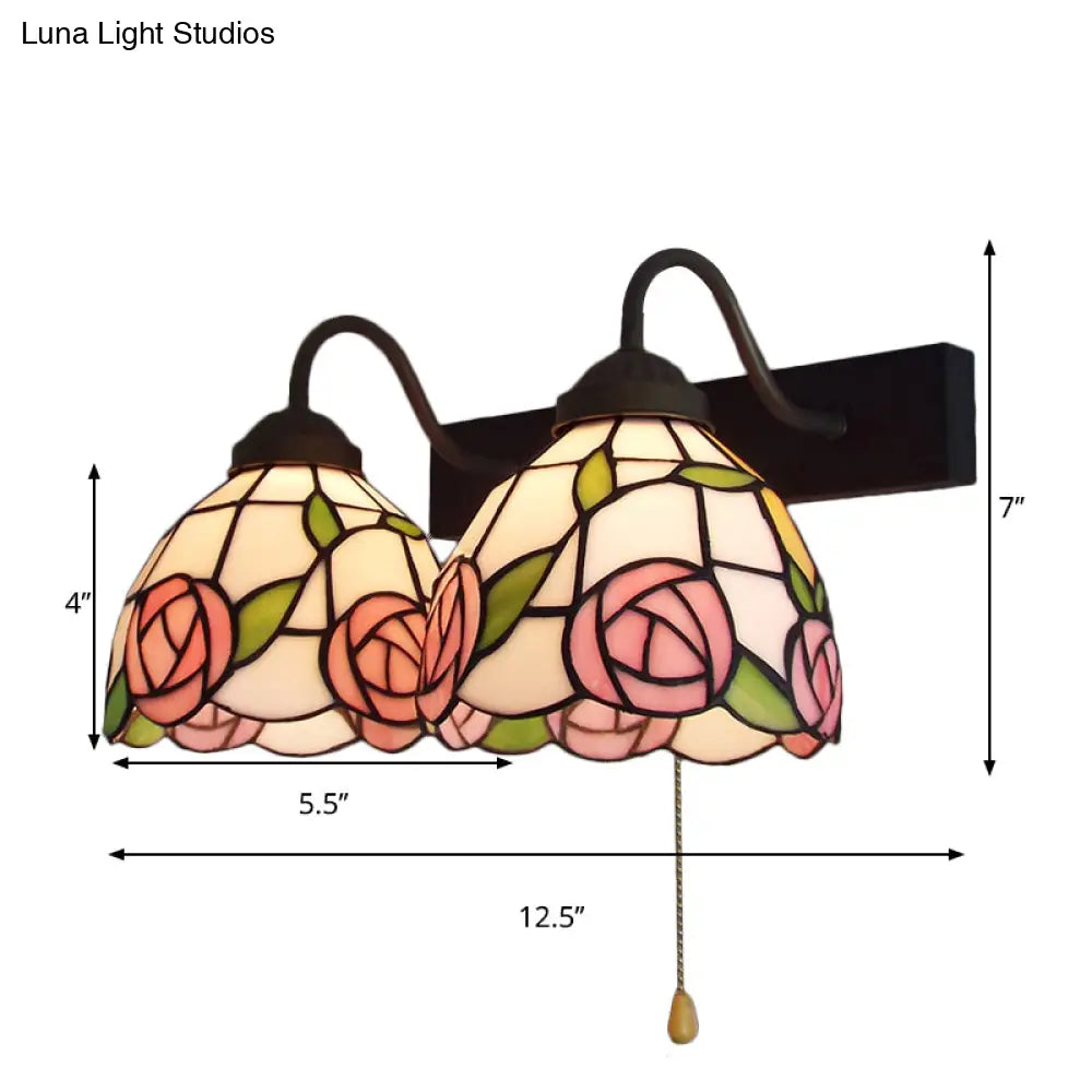 Victorian Stained Glass Wall Light Fixture With Pull Chain Switch - Pink Rose 2-Head Black Sconce