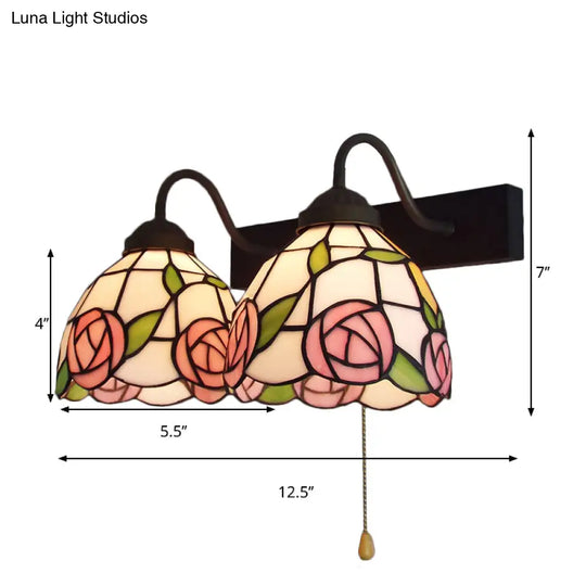 Victorian Stained Glass Wall Light Fixture With Pull Chain Switch - Pink Rose 2-Head Black Sconce