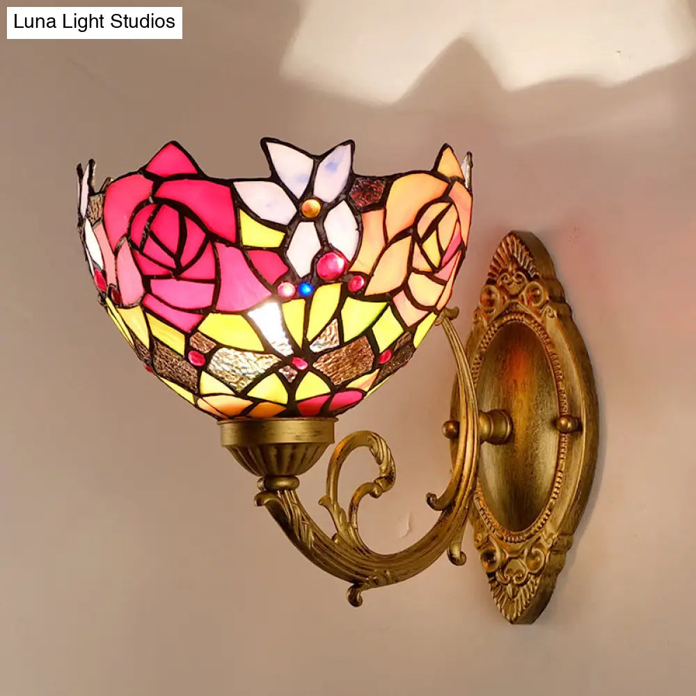 Victorian Stained Glass Wall Light With Gold Bowl Shade And Petal Pattern