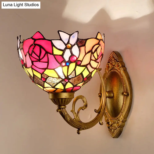 Victorian Stained Glass Wall Light With Gold Bowl Shade And Petal Pattern