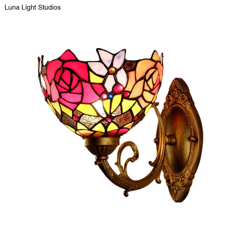 Victorian Stained Glass Wall Light With Gold Bowl Shade And Petal Pattern