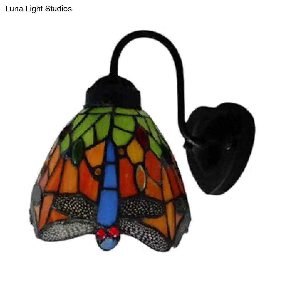 Victorian Stained Glass Wall Mounted Light - Black Dome Sconce With Multi-Colored Flower/Dragonfly