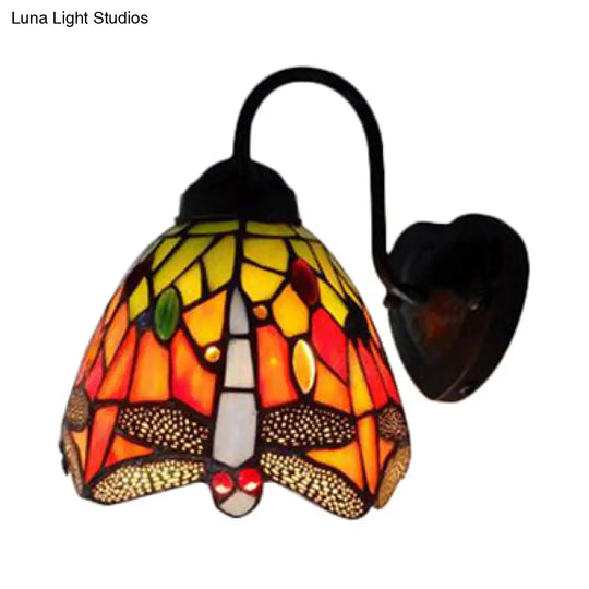 Victorian Stained Glass Wall Mounted Light - Black Dome Sconce With Multi-Colored Flower/Dragonfly