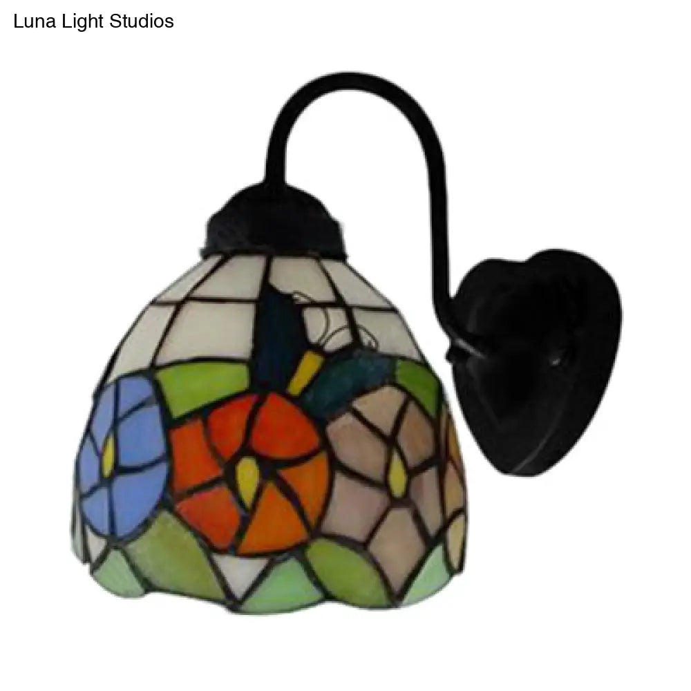 Victorian Stained Glass Wall Mounted Light - Black Dome Sconce With Multi-Colored Flower/Dragonfly