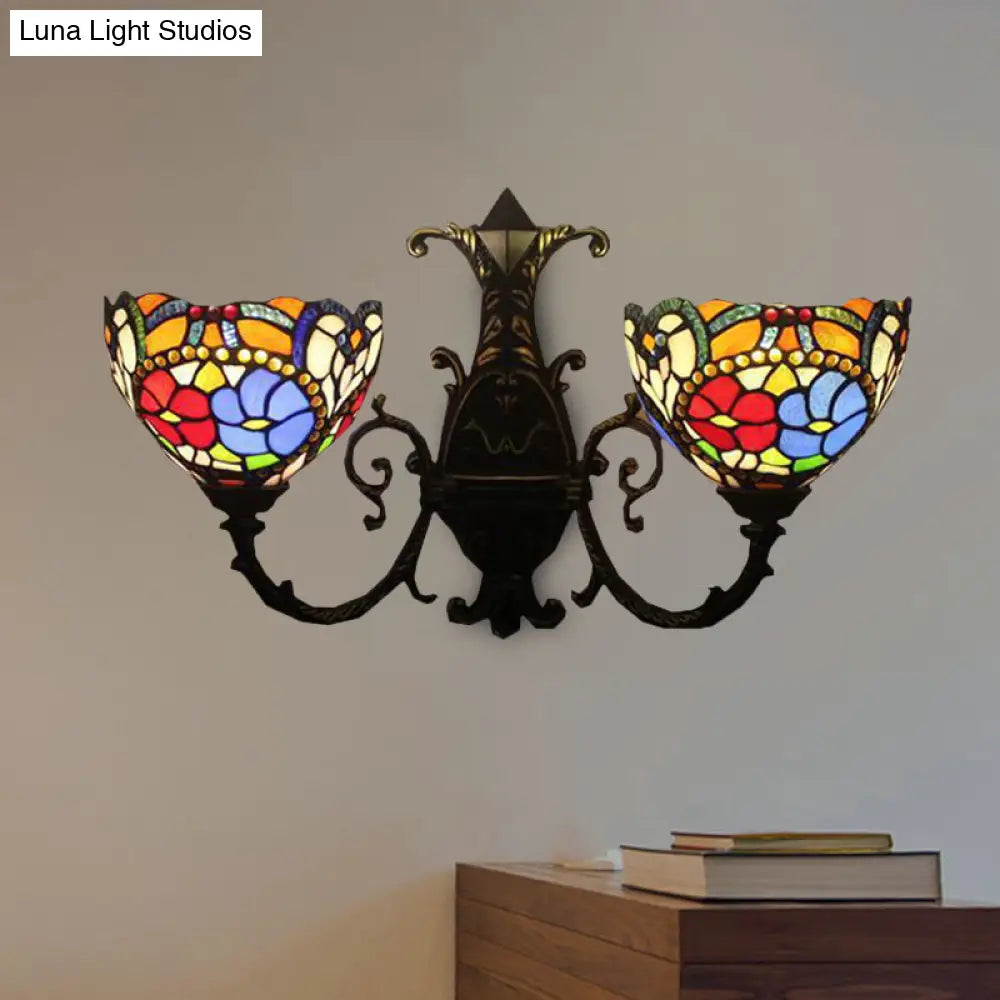 Victorian Stained Glass Wall Sconce Antique Bronze 2-Light Bedroom Lighting