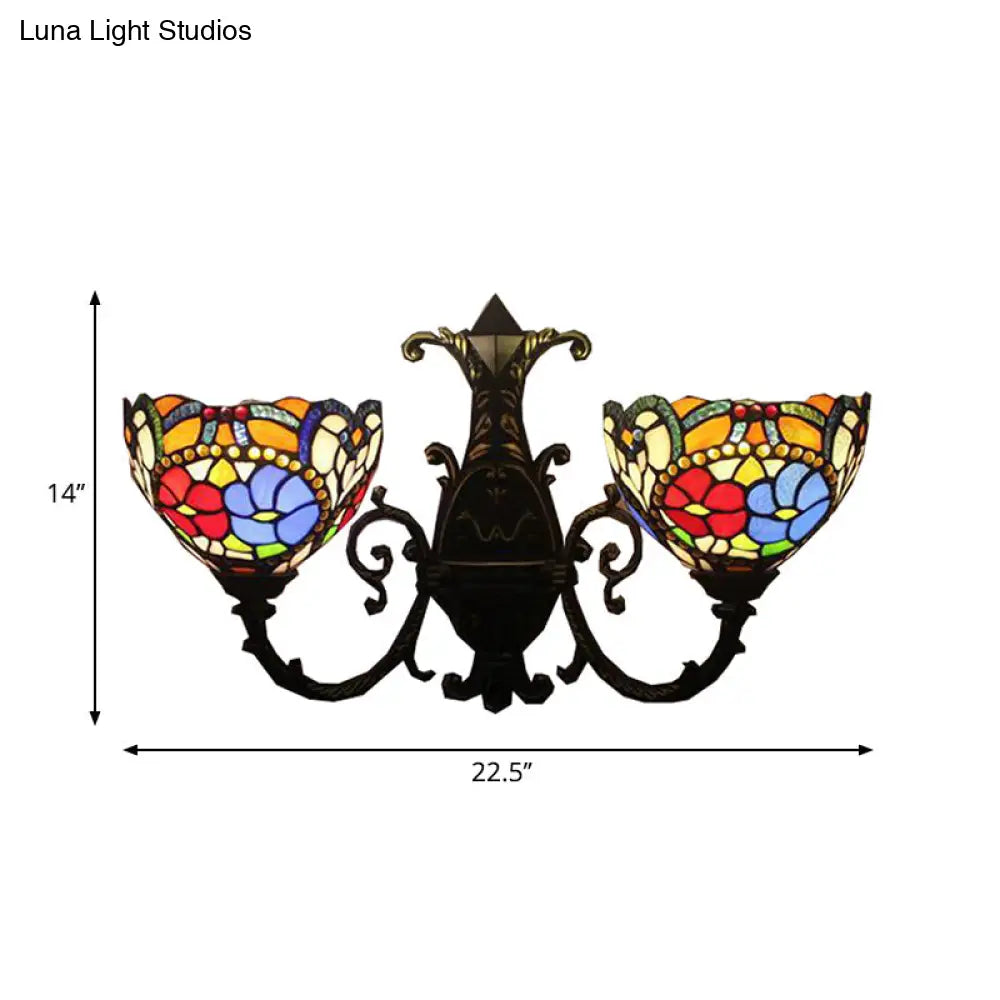 Victorian Stained Glass Wall Sconce Antique Bronze 2-Light Bedroom Lighting