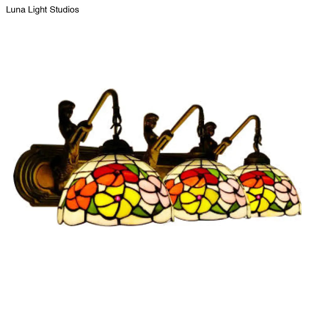 Victorian Stained Glass Wall Sconce Light Fixture - 3-Head Brass Bowl Design For Living Room