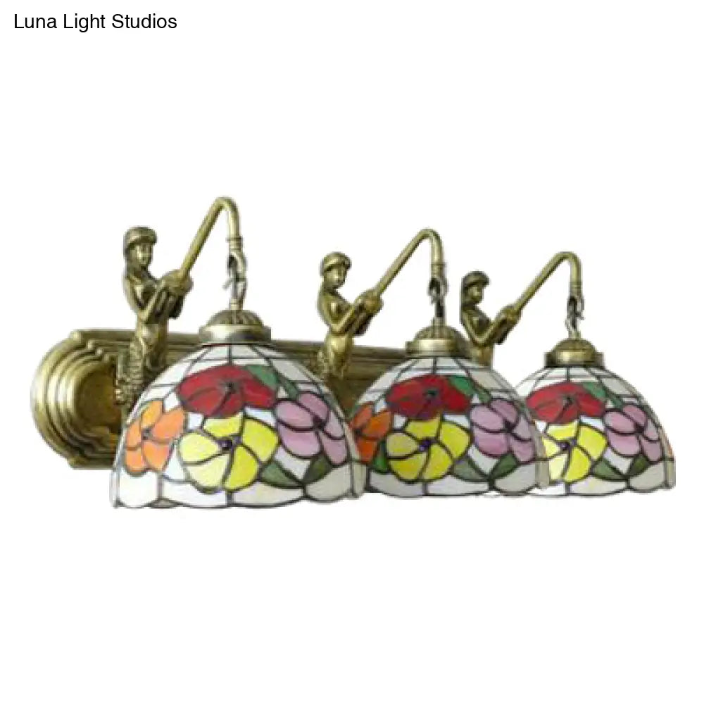 Victorian Stained Glass Wall Sconce Light Fixture - 3-Head Brass Bowl Design For Living Room