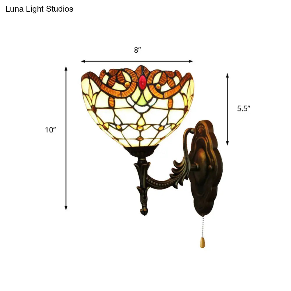 Victorian Stained Glass Wall Sconce Light With Pull Chain - Perfect For Bedroom Lighting