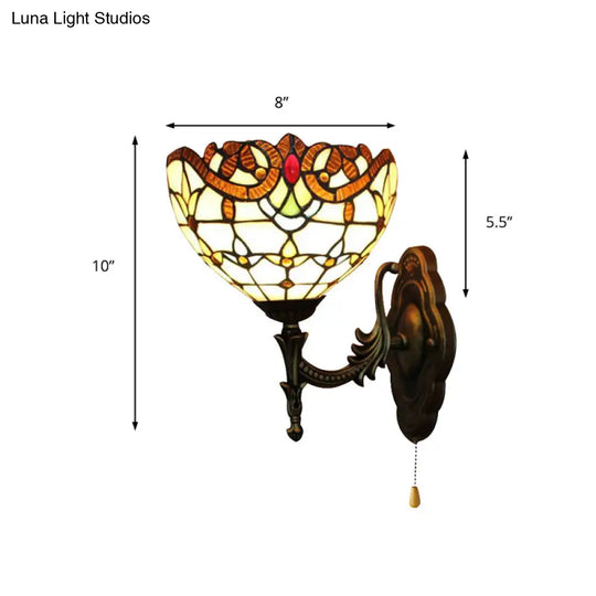 Victorian Stained Glass Wall Sconce Light With Pull Chain - Perfect For Bedroom Lighting