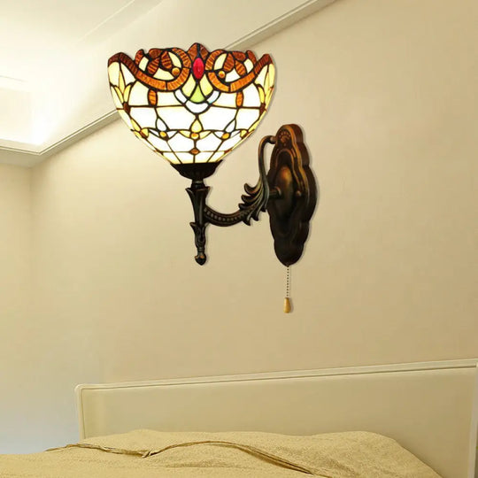 Victorian Stained Glass Wall Sconce Light With Pull Chain - Perfect For Bedroom Lighting Beige