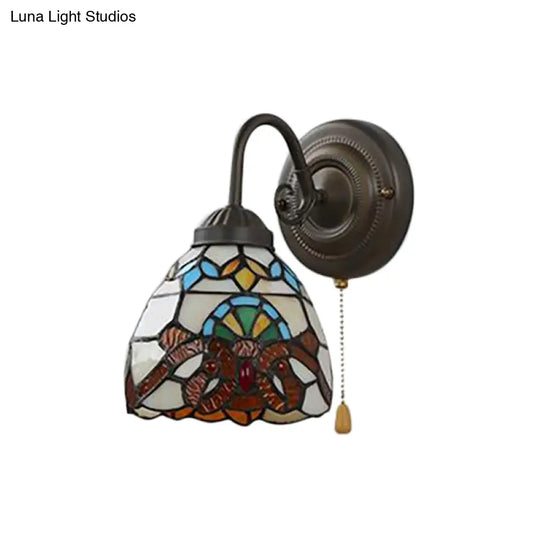 Victorian Stained Glass Yellow Dome Wall Sconce With Pull Chain - Perfect For Hallways