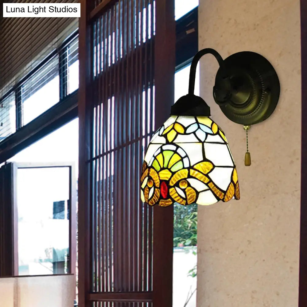 Victorian Stained Glass Yellow Dome Wall Sconce With Pull Chain - Perfect For Hallways