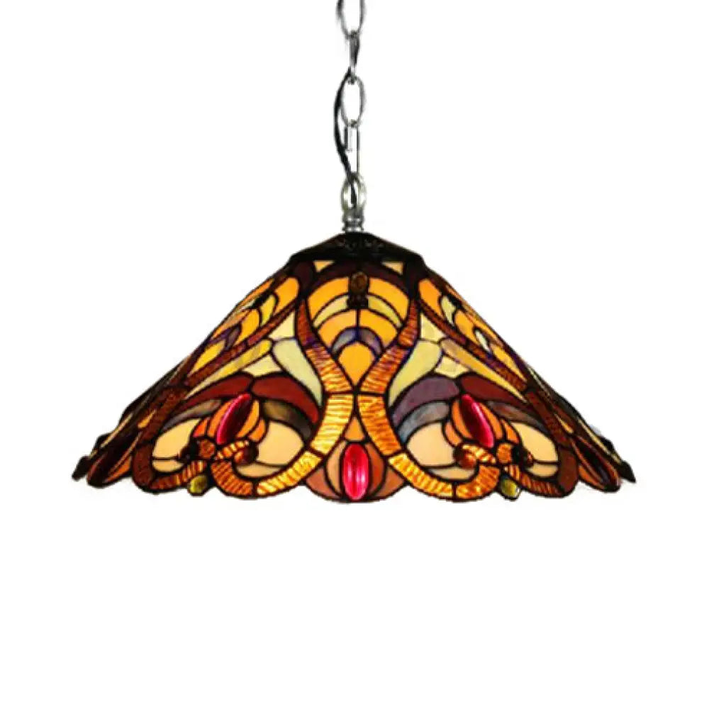 Victorian Style Art Glass Cone Suspension Light - Brown And White Ceiling Hanging Lamp White-Brown